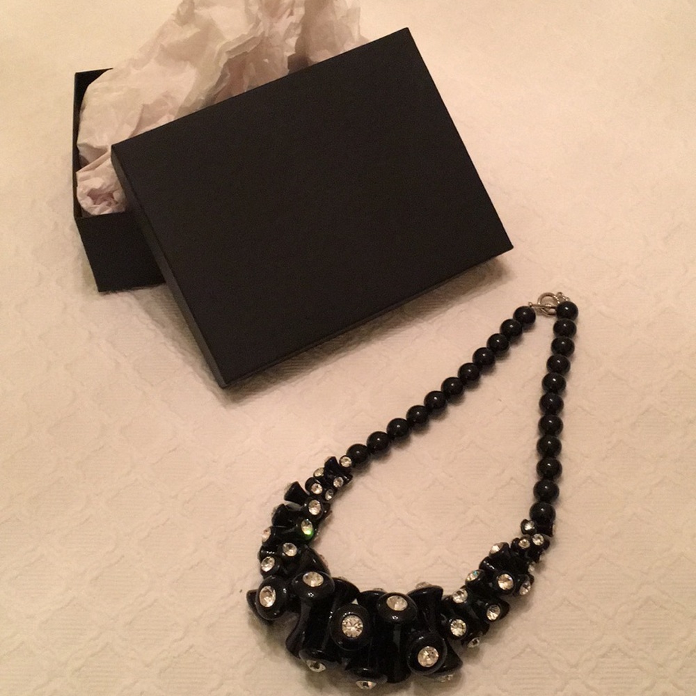 Black resin and crystal tube necklace, 26”